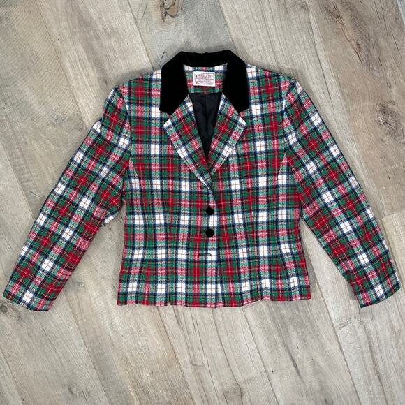 VTG Pendleton 100% Wool Plaid Blazer Jacket Size 12 Petite Red 4 Button Lined - Picture 1 of 7